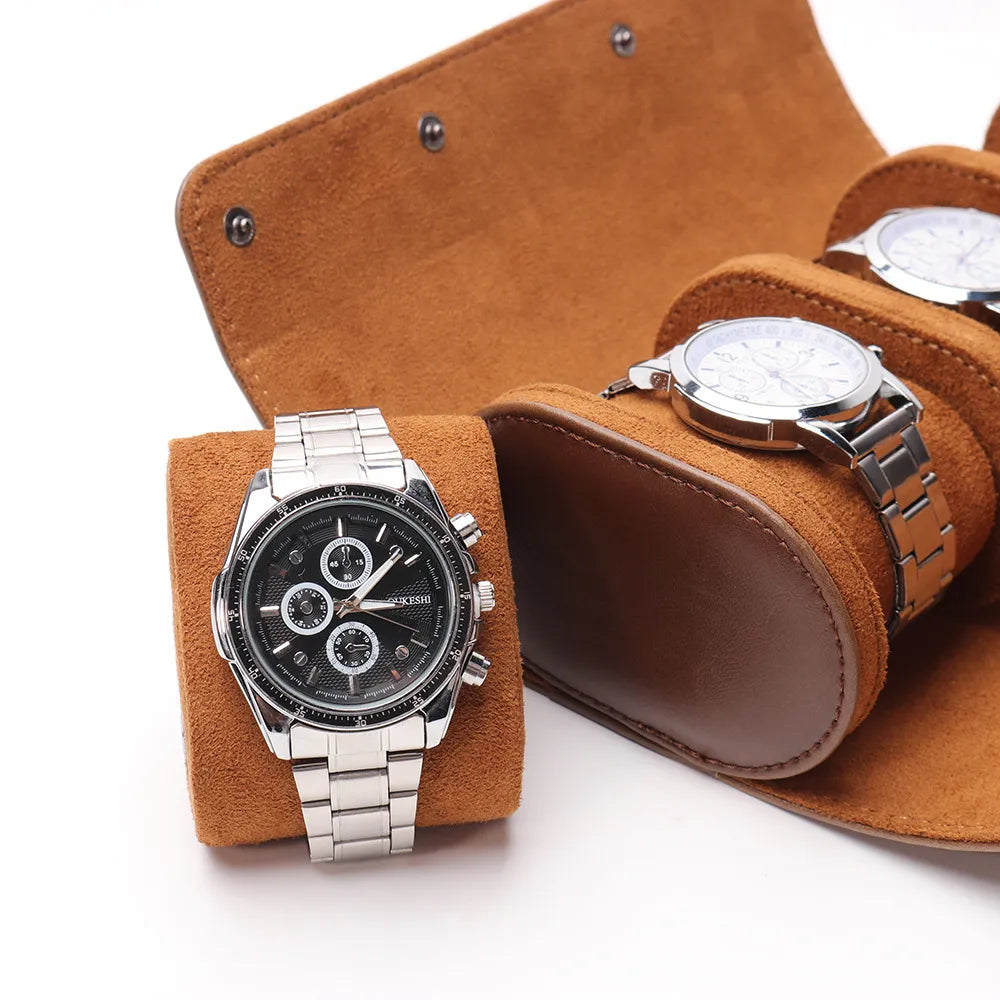 3-Slot Leather Travel Watch Case — Portable Watch Box for Men